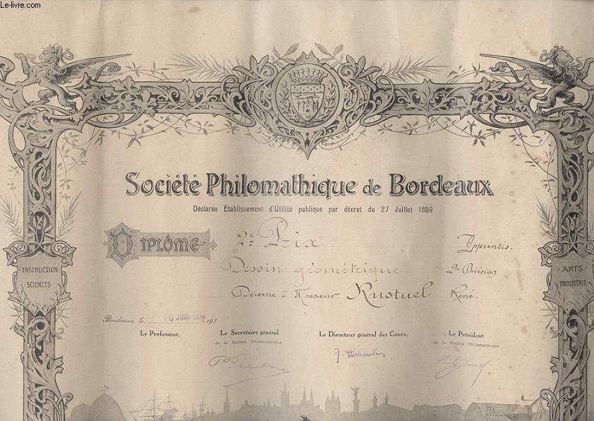 DIPLOME / PRIX - SOCIETE PHILOMATHIQUE DE BORDEAUX