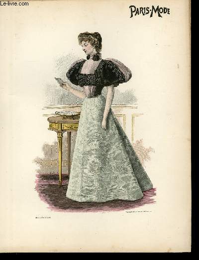 GRAVURE 19eme COULEURS - PARIS MODE - DAME TENANT UNE LETTRE