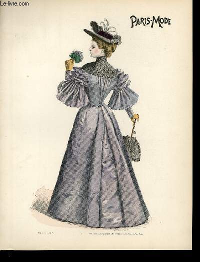 GRAVURE 19eme COULEURS - PARIS MODE - DAME A LA ROBE VIOLETTE