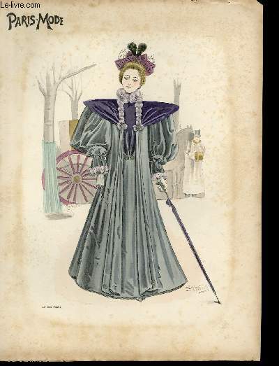 GRAVURE 19eme COULEURS - PARIS MODE - DAME AU GRAND MANTEAU GRIS