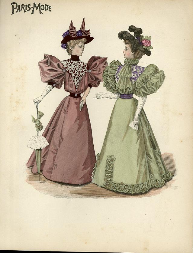 GRAVURE 19eme COULEURS - PARIS MODE - DEUX DAMES DISCUTANT