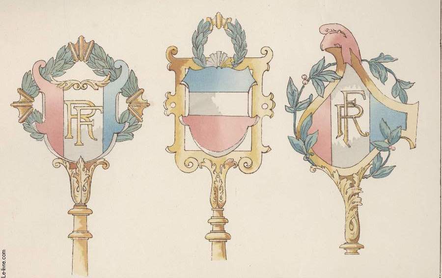 GRAVURE 19eme COULEURS - LA DECORATION ARTISTIQUE - 5 ANNEE - PLANCHE N37 - COURONNEMENTS DE MATS
