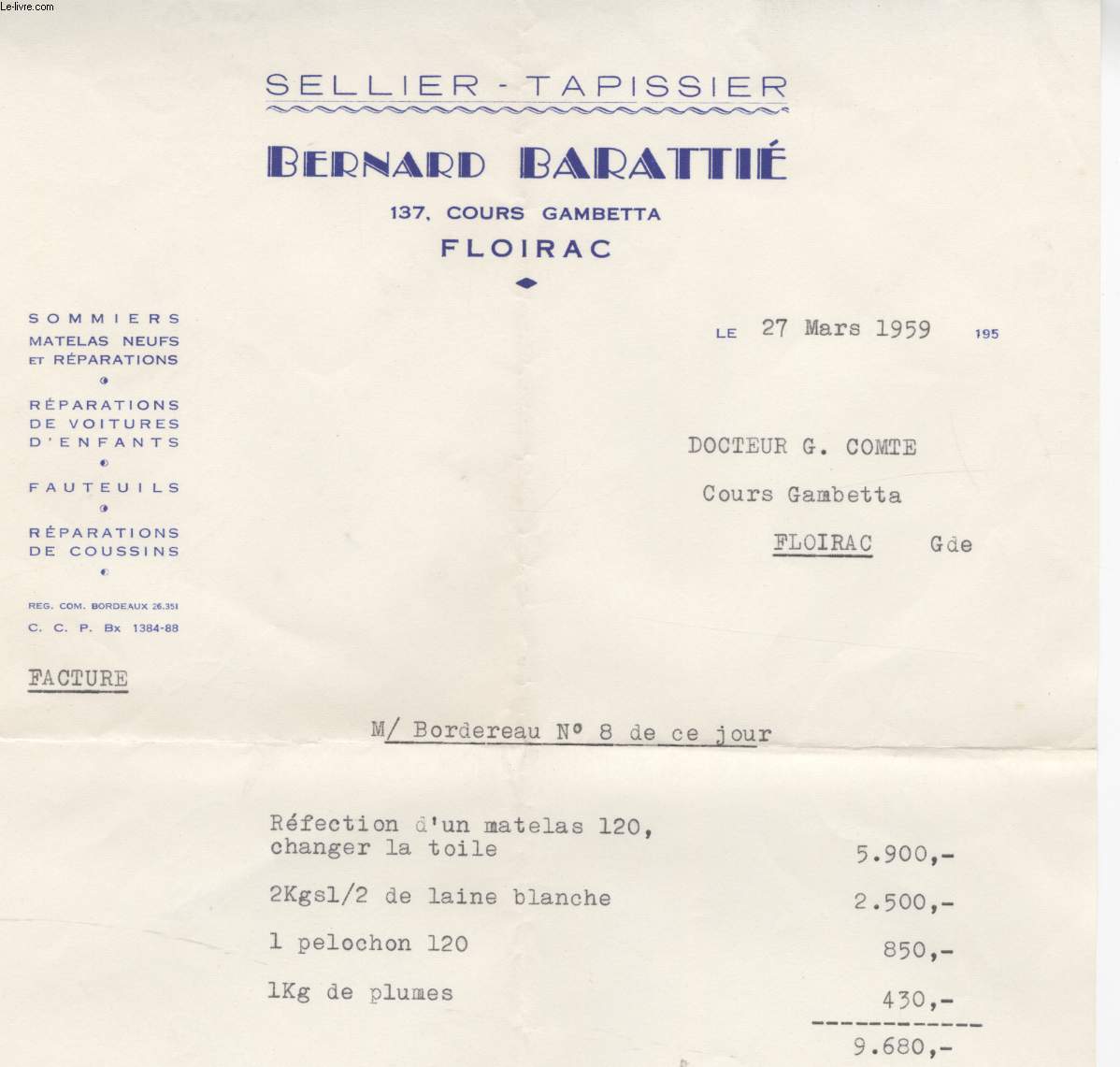 FACTURE ANCIENNE - SELLIER - TAPISSIER - BERNARD BARATHE