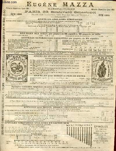 TARIFICATION  ANCIENNE  ILLUSTREE DE EUGENE MAZZA  MANAFACTURIER  23 BOULEVARD SABASTROPOL PARIS MAISON SANS SURCCUSALE SANS REPRESENTANT NI VOYAGEUR