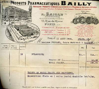 FACTURE ANCIENNE ILLUSTREE DE PRODUITS PHARMACEUTIQUES A.BAILLY 15 RUE DE ROME  A PARIS 7