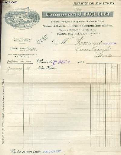 2 FACTURES ANCIENNES ILLUSTREES DE L'ETABLISSEMENTS J.BACHELET MAISON A.RAINAL CH.BENOIS ET MERMILLORS REUNIES 9 RUE RUBENS PARIS 13