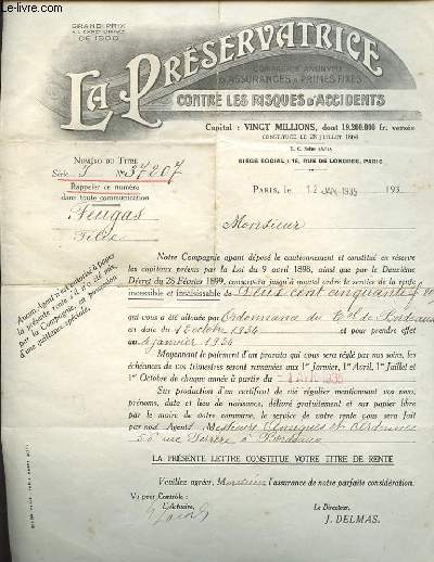 LETTRE  ANCIENNE ILLUSTREE DE LA PRESERVATRICE COMPAGNIE ANONYME D'ASSURANCES A PRIMES FIXES 18 RUE DE LONDRE PARIS