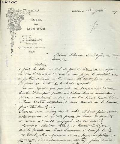 1 LETTRE ANCIENNE ILLUSTREE DE L' HOTEL DU LION D'OR A QUINPER (FINISTER)