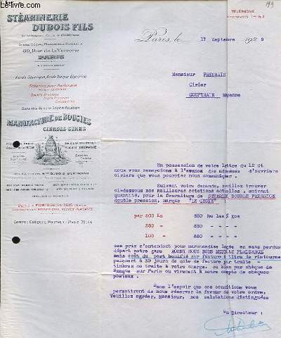 1 LETTRE  ANCIENNE ILLUSTREE DE LA STEARINERIE DUBOIS FILS 89 RUE DE LA VERRERIE PARIS