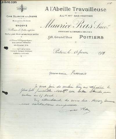 1 LETTRE ANCIENNE ILLUSTREE DE L'ABEILLE TRAVAILLEUSE  MAURICE RAS SUCCESSEUR 98 GRAND'RUE POITIERS
