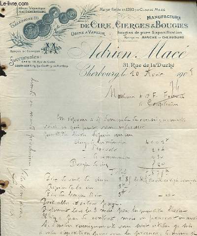 1 LETTRE ANCIENNE ILLUSTREE DE LA MANUFACTURE DE CIRE CIERGES ET BOUGIES ADRIEN MACE 31 RUEDE LA DUCHE CHERBOURG