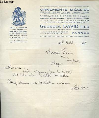 1 LETTRE  ANCIENNE ILLUSTREE DE L'ORNEMENT  D'EGLISE  FABRIQUE DE CIERGES ET DE BOUGIES GEORGES  DAVID FILS SUCCESSEURS 1ET 3 RUE DES CHANOINES  ET PLACE HENRI IV  VANNES