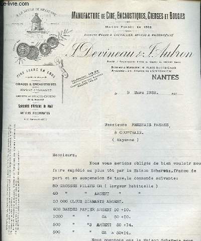1 LETTRE ANCIENNE ILLUSTREE DE LA MANUFACTURE EN CIRE  ENCAUSTIQUES CIERGES ET BOUGIES J.DEVINEAU ET J.AUBRON MAGASIN ET BUREAU 6 PLACE DE SAINTE CROIX  NANTES ET ATELIERS 28 AVENUE DE L'EPERONNIERE NANTES