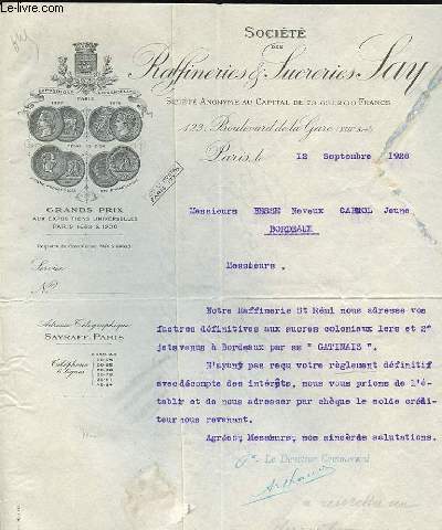 1 LETTRE  ANCIENNE ILLUSTREE DE LA RAFINERIE ET SUCRERIES LAY 123 BOULEVARD DE LA GARE PARIS