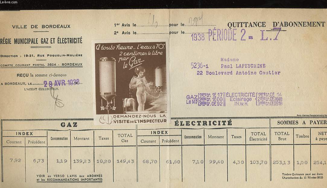 1 QUITTANCE D'ABONNEMENT - VILLE DE BORDEAUX, REGIE MUNICIPALE GAZ ET ELECTRICITE