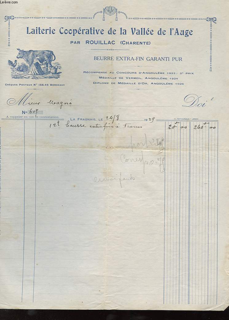1  FACTURE ANCIENNE - LAITERIE COOPERATIVE DE LA VALLEE DE L'AUGE PAR ROUILLAC - BEURRE EXTRA-FIN GARANTI PIR