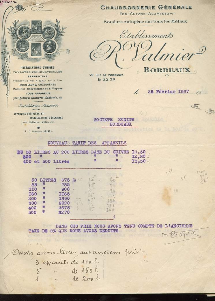 1 FACTURE ANCIENNE - ETABLISSEMENTS R. VALMIER BORDEUAX - CHAUDRONNERIE GENERALE - INSTALLATIONS D'USINE, TUYAUTERIES INDUSTRIELLES, SERPENTINS, RESERVOIRS A EAU ET A AIR, ROUILLEURS, CHAUDIERES, BASSINES BASCULANTES ET A VAPEUR