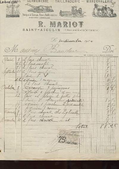 1 FACTURE ANCIENNE - FORGE, SERRURERIE, TAILLANDERIE, MARECHALERIE R. MARIOT SAINT AIGULIN