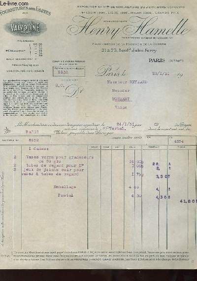 1 FACTURE ANCIENNE - HENRY HAMELLE - FOURNITURES POUR USINES - VALVOLINE A PARIS