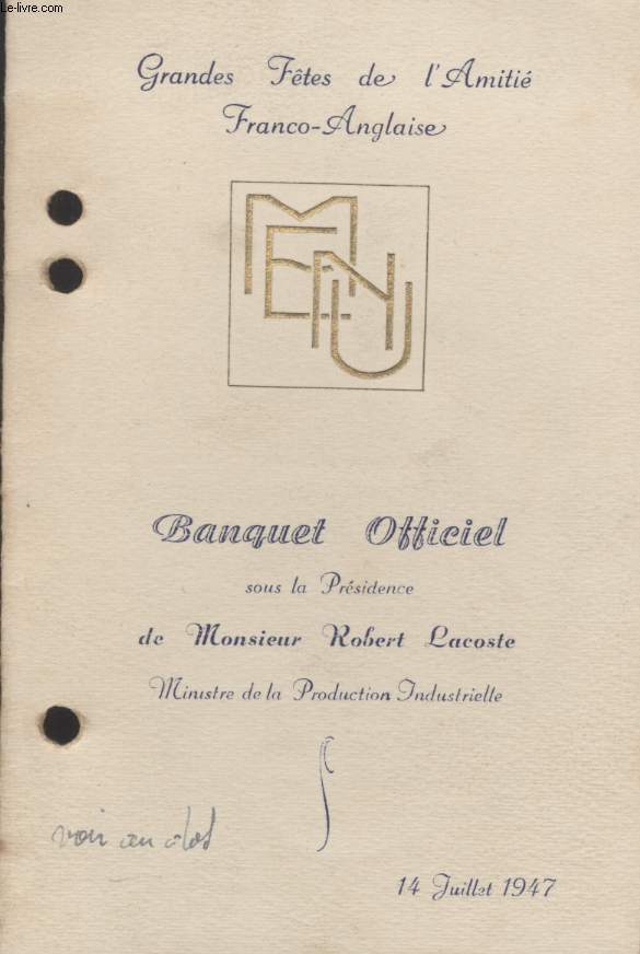 MENU - GRANDES FETES DE L'AMITIE FRANCO-ANGLAISE