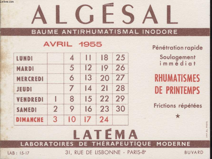 BUVARD - ALGESAL - BAUME ANTIRHUMATISMAL INODORE