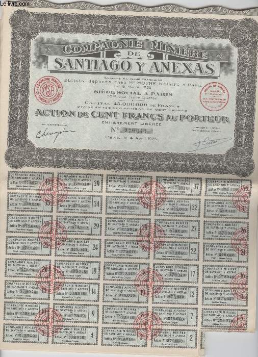 1 ACTION DE CENT FRANCS AU PORTEUR - SANTIAGO Y ANEXAS