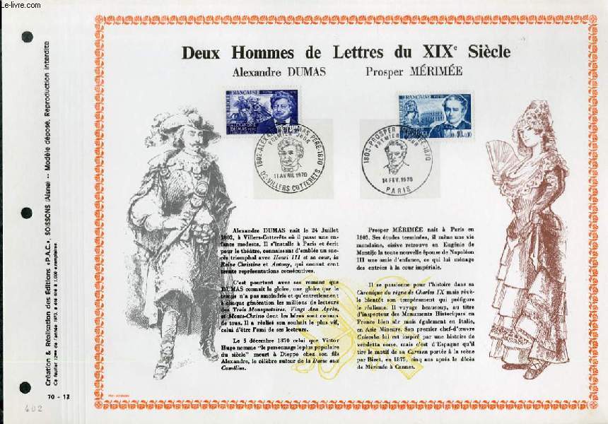 FEUILLET ARTISTIQUE PHILATELIQUE  - PAC - 70 - 12 - DEUX HOMMES DE LETTRES DU 19 SIECLE : ALEXANDRE DUMAS, PROSPER MERIMEE
