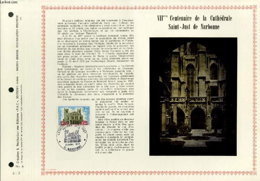 FEUILLET ARTISTIQUE PHILATELIQUE  - PAC - 72 - 08 - 7 CENTENAIRE DE LA CATHEDRALE SAINT-JUST DE NARBONNE
