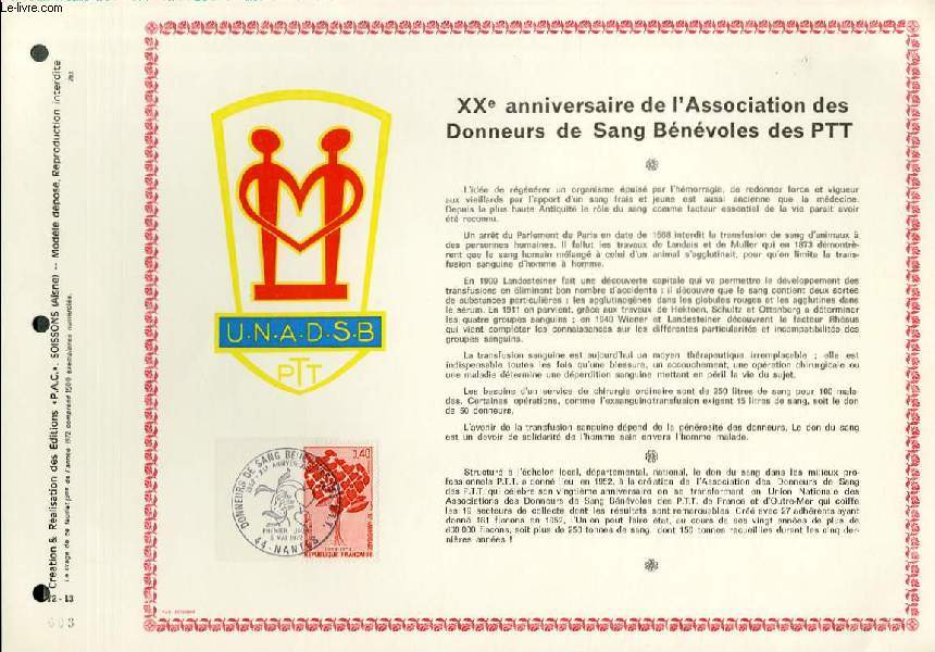 FEUILLET ARTISTIQUE PHILATELIQUE  - PAC - 72 - 13 - 20 ANNIVERSAIRE DE L'ASSOCIATION DES DONNEURS DE SANG BENEVOLES DES PTT