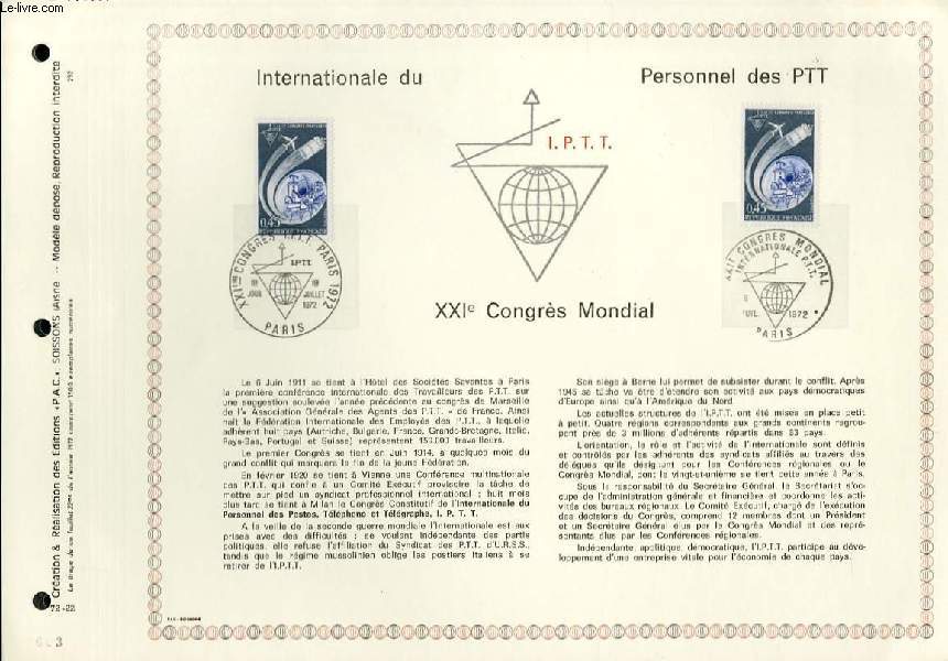 FEUILLET ARTISTIQUE PHILATELIQUE  - PAC - 72 - 22 - INTERNATIONALE DU PERSONNEL DES PTT - 21 CONGRES MONDIAL