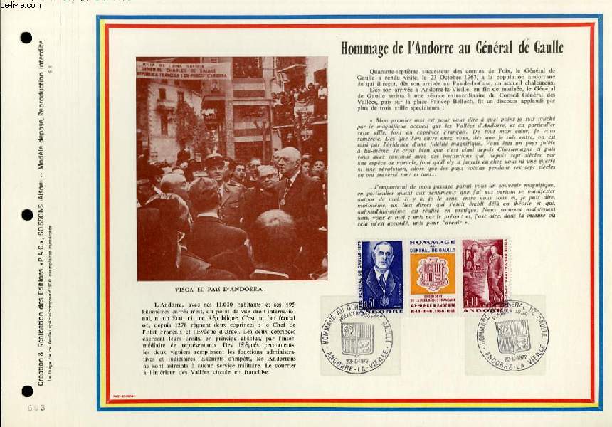 FEUILLET ARTISTIQUE PHILATELIQUE  - PAC - HOMMAGE DE L'ANDORRE AU GENERAL DE GAULLE