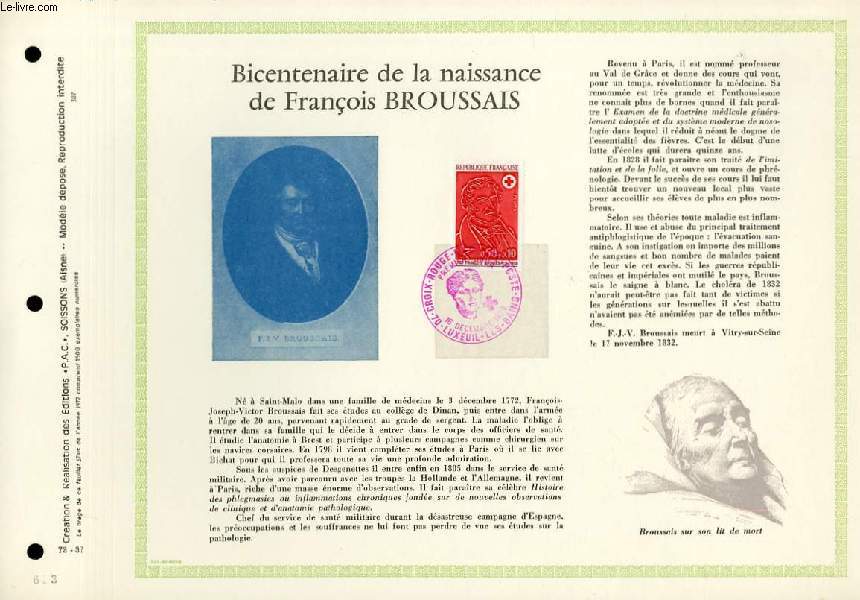FEUILLET ARTISTIQUE PHILATELIQUE  - PAC - 72 - 37 - BICENTENAIRE DE LA NAISSANCE DE FRANCOIS BROUSSAIS