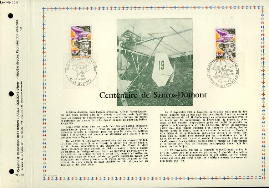FEUILLET ARTISTIQUE PHILATELIQUE  - PAC - 73 - 18 - CENTENAIRE DE SANTOS-DUMONT