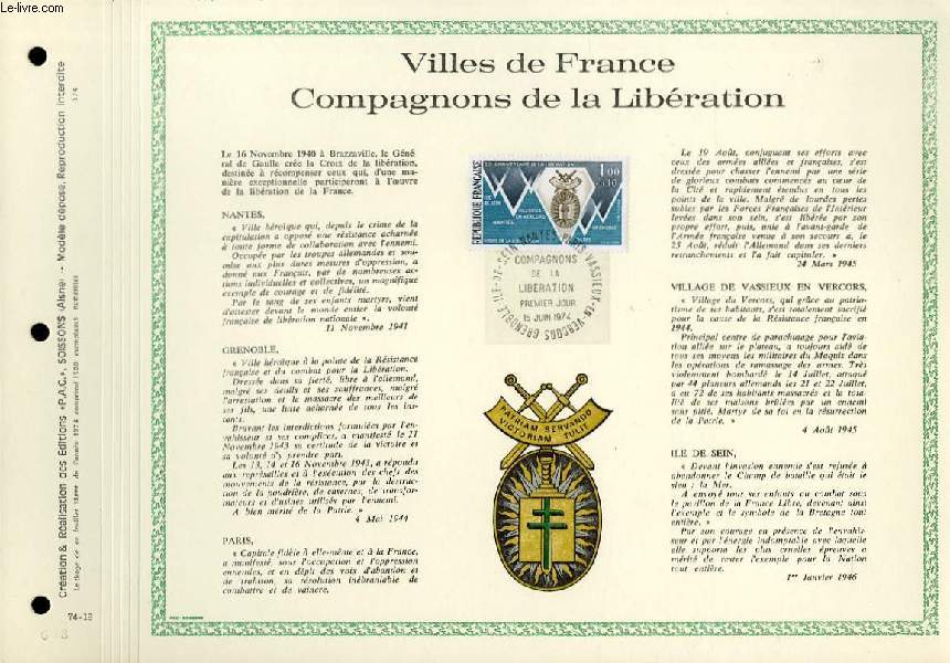 FEUILLET ARTISTIQUE PHILATELIQUE  - PAC - 74 - 18 - VILLES DE FRANCE COMPAGNONS DE LA LIBERATION