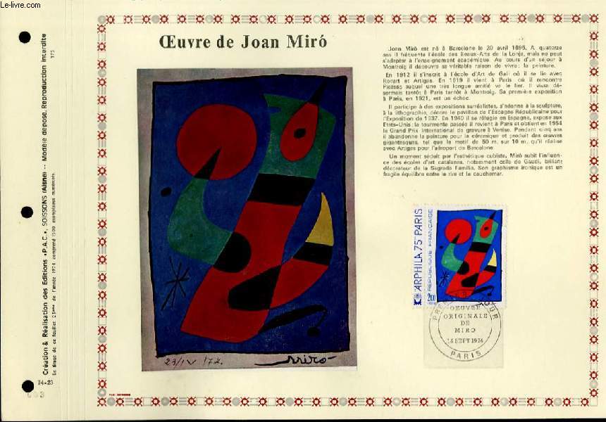 FEUILLET ARTISTIQUE PHILATELIQUE  - PAC - 74 - 23 - OEUVRE DE JOAN MIRO