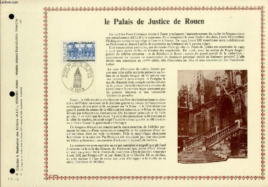 FEUILLET ARTISTIQUE PHILATELIQUE  - PAC - 75 - 04 - LE PALAIS DE JUSTICE DE ROUEN