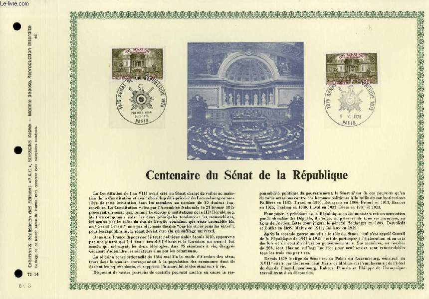 FEUILLET ARTISTIQUE PHILATELIQUE  - PAC - 75 - 14 - CENTENAIRE DU SENAT DE LA REPUBLIQUE