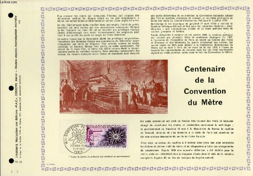FEUILLET ARTISTIQUE PHILATELIQUE  - PAC - 75 - 15 - CENTENAIRE DE LA CONVENTION DU METRE
