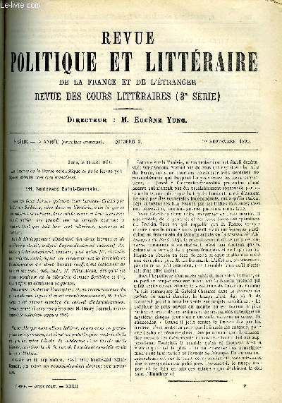 LA REVUE POLITIQUE ET LITTERAIRE 3e ANNEE - 2e SEMESTRE N9 - TYPES ET TRAVERS CONTEMPORAINS PAR FRANCISQUE BOUILLIER, LE MUTILE PAR PARIA KORIGAN (EMILE LEVY), LES ETUDES ORIENTALES EN 1881 ET 1882 PAR JAMES DARMESTETER, ALFRED DE VIGNY PAR C. LENIENT