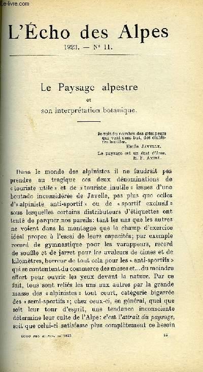 L'ECHO DES ALPES - PUBLICATION DES SECTIONS ROMANDES DU CLUB ALPIN SUISSE N11 - LE PAYSAGE ALPESTRE ET SON INTERPRETATION BOTANIQUE PAR GUSTAVE BEAUVERD