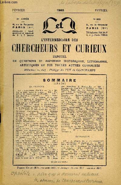 L'INTERMEDIAIRE DES CHERCHEURS ET CURIEUX N 203 - QUESTIONS 113 : Collections d'outils. - 114 : M~ dor et Azor, noms de chien. - 114 : Familles de Vandeuvre et Pinelli. - 115 : Les derviches assassins. - 115 : Bour-mance-Say.