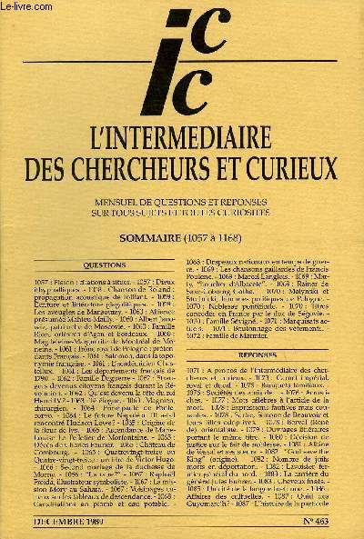 L'INTERMEDIAIRE DES CHERCHEURS ET CURIEUX N 463 - QUESTIONS 1057 : Platon : citations  situer. -1057 : Dieux ithyphalliques. - 1058 : Chanson de Roland : propagation acoustique de l'olifant. - 1059 : Ecriture et littrature glagolitiques.