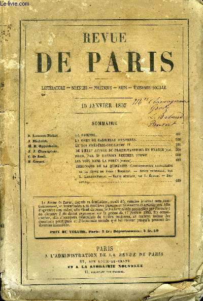 REVUE DE PARIS 6eme ANNEE - L. LAURENT-PICHAT. la paenne, J. MICHELET.mort de gabrielle d'estres..H. B. OPPENHEIM.le roi frdric-guillaume iv..J. J. CLAMAGERAN.de l'tat actuel du protestantismeEN FRANCE (Fin.)..C. DE SAULT