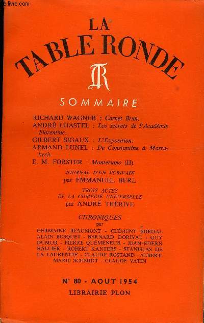 LA TABLE RONDE N 80 - RICHARD WAGNER : Carnet Brun.ANDR CHASTEL : Les secrets de l'Acadmie Florentine.GILBERT SIGAUX : L'Exposition.ARMAND LUNEL : De Constantine  Marrakech.E. M. FORSTER : Monteriano (II).JOURNAL D'UN CRIVAIN