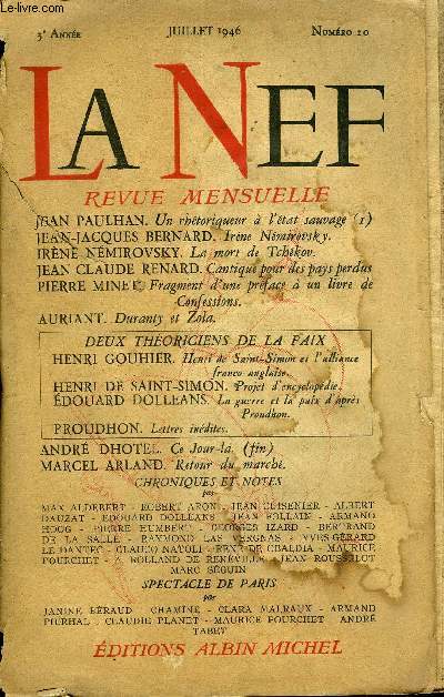 LA NEF 3e ANNEE N 20 - Jean PAULHAN.. Un rhtoriqueur  l'tat sauvage (I) .Jean-Jacques BERNARD. . Irne Nemirovsky ..Irne NEMIROVSKY. La mort de Tchekov.Jean-Claude RENARD. Cantique pour des pays perdus. Pierre MINET Fragment d'une prface