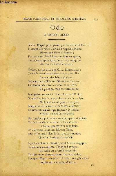 REVUE SCIENTIFIQUE ET MORALE DU SPIRITISME 7e ANNEE N9 - Ode  Victor Hugo, Firmin Ngre. Somnambulisme avec glossolalie . Gabriel Delanne.Identit des Esprits F. W. H. Myers.  Une enqute sur l'Au Del, w T. TonoephNouvelle srie