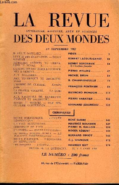LA REVUE LITTERATURE, HISTOIRE, ARTS ET SCIENCES DES DEUX MONDES N17 - M. FLIX GAILLARD. FIDUS. LETTRE DES ETATS-UNIS : BILLY GRAHAM. ROBERT LACOUR-GAYET.MMOIRES INDITS DU CHEVALIER DE ROSAZ. - I. HENRY BORDEAUX. de l'Acadmie franaise.