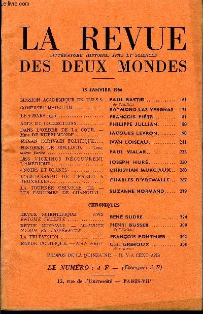 LA REVUE LITTERATURE, HISTOIRE, ARTS ET SCIENCES DES DEUX MONDES N2 - MISSION ACADMIQUE EN U.R.S.S. PAUL BASTID.de l'institut.SOMERSET MAUGHAM. RAYMOND LAS VERGNAS. LE 7 MARS 1936. FRANOIS PITRI. AGES ET COLLECTIONS. PHILIPPE JULLIAN..