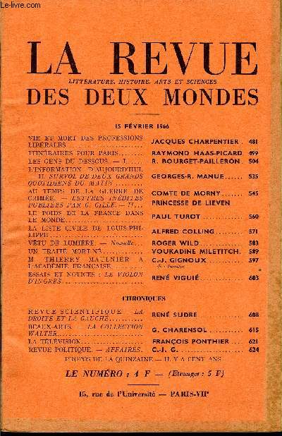 LA REVUE LITTERATURE, HISTOIRE, ARTS ET SCIENCES DES DEUX MONDES N4 - VIE ET MORT DES PROFESSIONS LIBRALES. JACQUES CHARPENTIER .ITINRAIRES POUR PARIS.. RAYMOND HAAS-PICARDLES GENS DU DESSOUS. - I. R. BOURGET-PAILLERON .L'INFORMATION