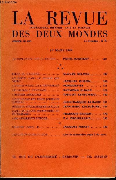 LA REVUE LITTERATURE, HISTOIRE, ARTS ET SCIENCES DES DEUX MONDES N3 - INFORMATIONS SUR LA RGION. PIERRE MASSENET. BILAN DE L'EUROPE. CLAUDE DELMAS. LE POTE DANS LE MONDE QUIVIENT. JACQUES DURON..LE ROLE SOCIAL DE L'UNIVERSIT.